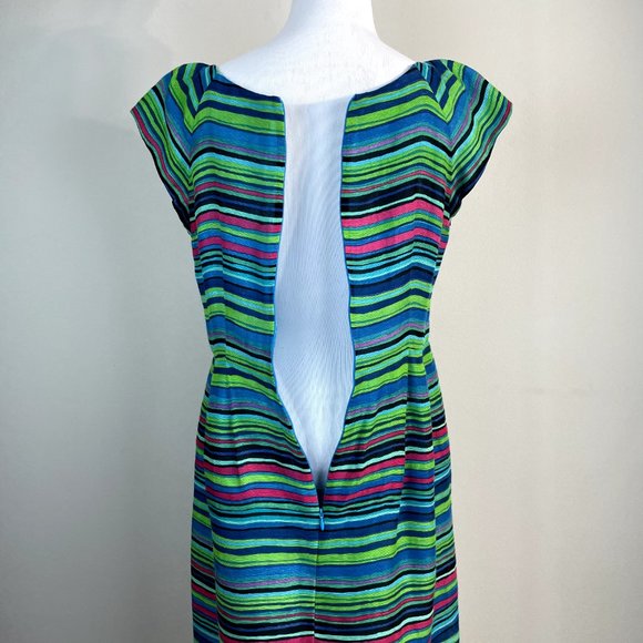 Nanette Lepore Dress 8 Blue Green Silk Linen Stripe Beaded Ruffle Mamacita Frock - Picture 7 of 14